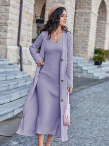 Modestly Yours Dress and Cardigan Lilac Purple / S Winter's Glory, Solid Sleeveless Sweater Dress and Button Front Cardigan