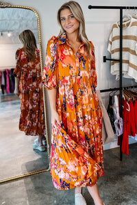 Orange Abstract Print Pleated Half Sleeve Buttoned Maxi Dress-3