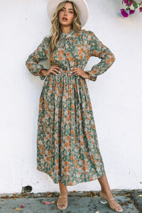 Green Pleated Long Sleeve Maxi Floral Dress with Tie-1