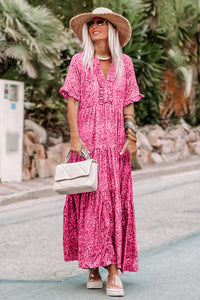 Pink Paisley Print Boho Holiday Ruffle Tiered Maxi Dress-6