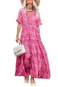 Pink Paisley Print Boho Holiday Ruffle Tiered Maxi Dress-15