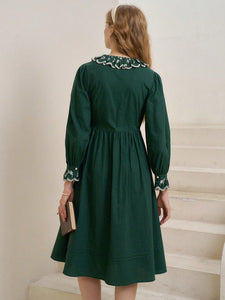 Emeraldine Green Floral Embroidery Ruffle Trim Knot Side Wrap Dress - Modestly Yours
