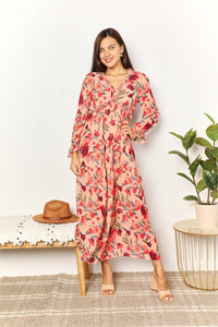 Double Take Floral Frill Trim Flounce Sleeve Plunge Maxi Dress-3