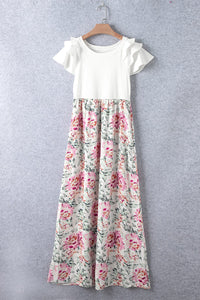 White Floral Patchwork Ribbed Maxi Dress with Pockets-6
