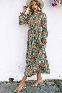 Avigail Designs Floral Dresses Green Pleated Long Sleeve Maxi Floral Dress with Tie