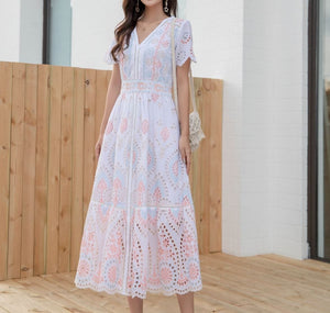 French Eyelet Cotton Maxi Dress, Pastel Pink - Modestly Yours