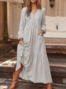 Linen Maxi Dress Women Lantern Sleeve Long Dress Solid Vintage Elegant Swing Dress for Woman Spring Autumn Casual Dresses - Modestly Yours