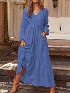 Linen Maxi Dress Women Lantern Sleeve Long Dress Solid Vintage Elegant Swing Dress for Woman Spring Autumn Casual Dresses - Modestly Yours