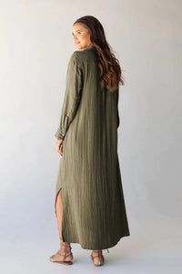 Avigail Designs Maxi Dresses Green Love, Button Up Casual Split Shirt Maxi Dress