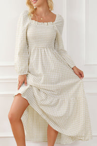 Modestly Yours Maxi Dresses Khaki Plaid Ruffled Square Neck Smocked Tiered Maxi Dress