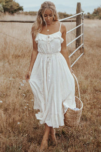 Modestly Yours Maxi Dresses White Swiss Dot Spaghetti Straps Ruffled Maxi Dress