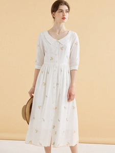 Sweet Pea, Floral Embroidery Peter Pan Collar Button Front Dress - Modestly Yours