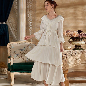 Victorian Cotton Night Dress Women Autumn White Long Robe Peignoir Princess Sleepwear Fairy Romantic Vintage Nightgown Nightwear - Modestly Yours