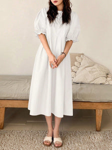 White Oversized Cotton Puff Sleeve Smock Dress, (S-XL) - Modestly Yours