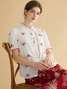 Simple Retro Women Blouses Cotton Floral Embroidery Top