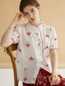Simple Retro Women Blouses Cotton Floral Embroidery Top