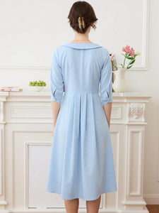 Simple Retro Women Dresses Blue Sweet Pea, Floral Embroidery Peter Pan Collar Button Front Dress