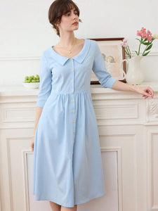 Simple Retro Women Dresses Blue Sweet Pea, Floral Embroidery Peter Pan Collar Button Front Dress