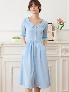 Simple Retro Women Dresses Blue / S Blue Sweet Pea, Floral Embroidery Peter Pan Collar Button Front Dress