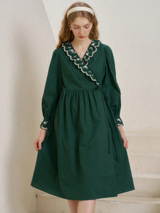 Modestly Yours Women Dresses Emeraldine Green Floral Embroidery Ruffle Trim Knot Side Wrap Dress