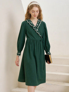 Modestly Yours Women Dresses Emeraldine Green Floral Embroidery Ruffle Trim Knot Side Wrap Dress