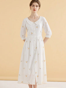 Simple Retro Women Dresses Sweet Pea, Floral Embroidery Peter Pan Collar Button Front Dress