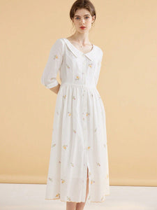 Simple Retro Women Dresses Sweet Pea, Floral Embroidery Peter Pan Collar Button Front Dress