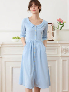 Simple Retro Women Dresses Blue / S Sweet Pea, Floral Embroidery Peter Pan Collar Button Front Dress