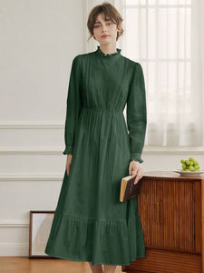 Simple Retro Women Dresses Tanya Green Cotton Floral Embroidery Ruffle Collar Wedding Maxi Dress